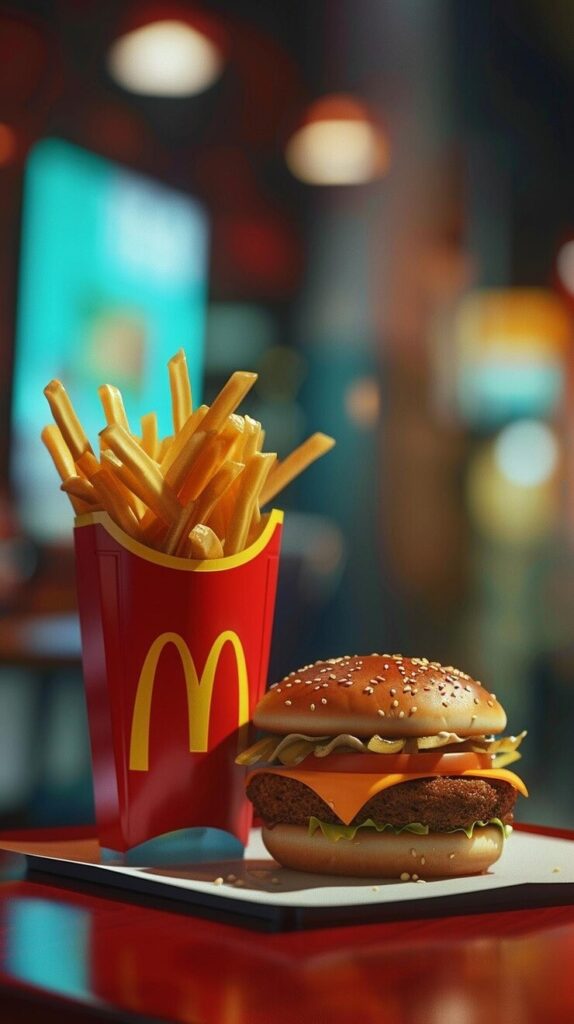 Un menu McDonald's composé de frites dans une boîte avec le logo, accompagné d’un burger garni de fromage