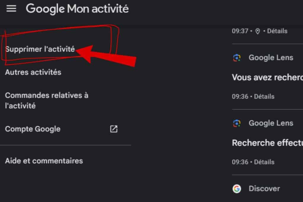 Une image montrant comment supprimer son activité sur Google